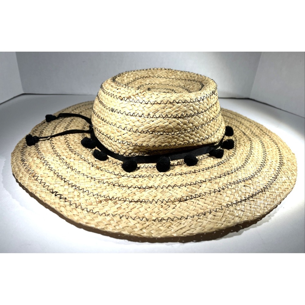 Beach by‎ Flora Bella Raffia Woven Sun Hat Black Pom Poms Hatband Packable
